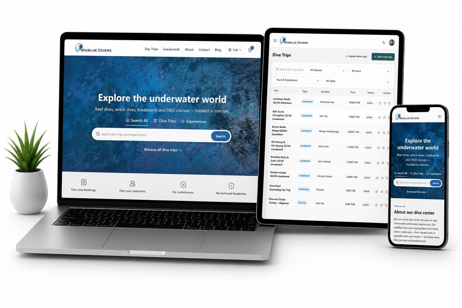NineDive booking website on laptop, tablet, and phone